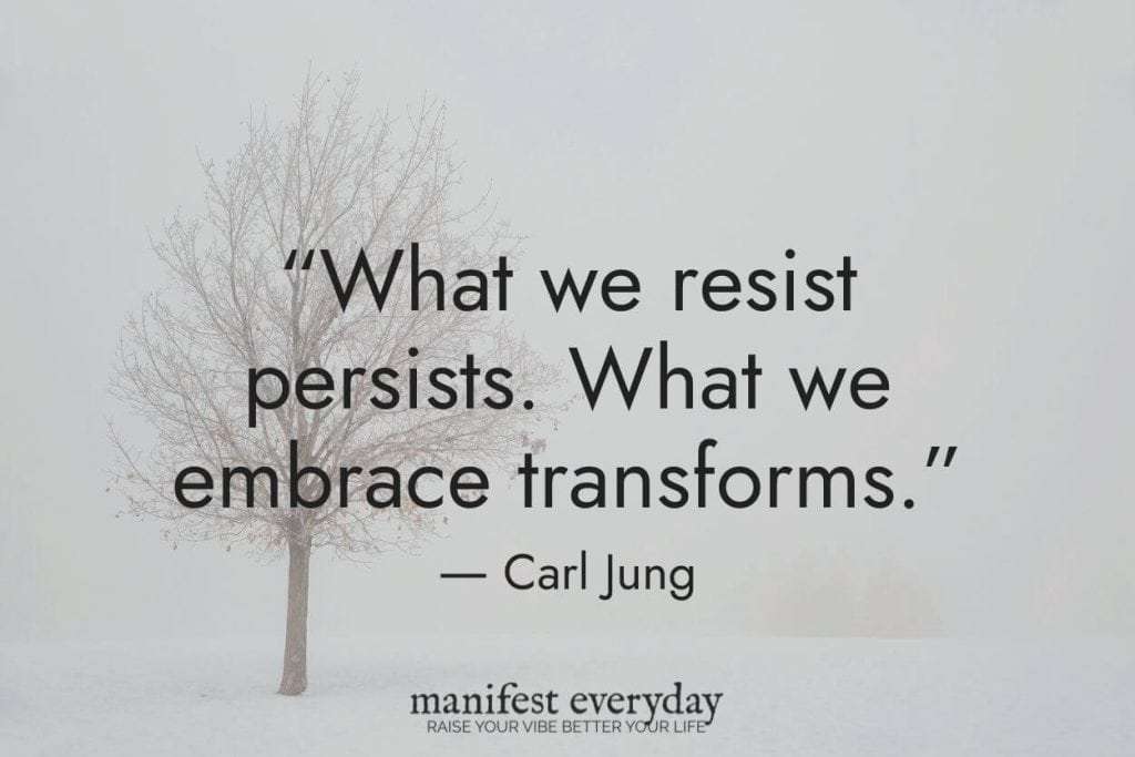 'What we resist persists. What we embrace transforms.' - Carl Jung | Inspirational quote overlaid on minimalist winter tree background in soft grey tones. manifesteveryday.com