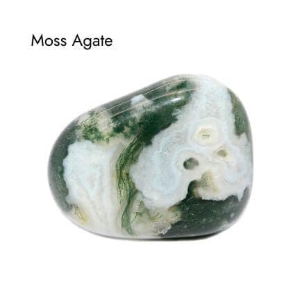 A smooth tumbled, green and white moss agate stone on white background