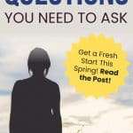 An inspirational image with the text "SPRING EQUINOX SHADOW WORK QUESTIONS YOU NEED TO ASK" in white and blue text on a light gray background. The image features the silhouette of a person against a cloudy sky at sunset. A yellow starburst reads "Get a Fresh Start This Spring! Read the Post!". manifesteveryday.com