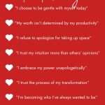 Self-love affirmations list on red background with white hearts and pink text featuring 10 powerful daily affirmations for February personal growth and transformation | manifesteveryday.com