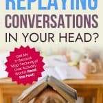 Pinterest pin featuring person with head down on desk with book on head. Text in red and blue reads 'STUCK REPLAYING CONVERSATIONS IN YOUR HEAD?' with magenta starburst about stop technique. Website: manifesteveryday.com
