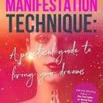 Woman with closed eyes and prayer hands against orange-pink gradient background with text "Neville Goddard Manifestation Technique: A practical guide to living your dreams" and pink starburst. manifesteveryday.com