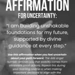 444 Angel Numbers Affirmation for Uncertainty featuring a stone angel statue praying against a gray background. The affirmation reads: “I am building unshakable foundations for my future, supported by divine guidance at every step.” Below is a call to action explaining when to use this affirmation and how the 444 angel number relates to stability and consistent actions. The “manifest everyday” logo appears at the bottom. manifesteveryday.com
