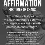 444 Angel Numbers Affirmation for Times of Chaos with stone angel statues against a dark gray background. The affirmation states: “I trust the stability within me, even during life’s storms. My angels surround me with protection and strength.” Below explains how this affirmation helps during chaos and unexpected change, activating divine protection and inner calm. The “manifest everyday” logo appears at the bottom. manifesteveryday.com
