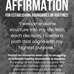 444 Angel Numbers Affirmation for Establishing Boundaries or Routines featuring a black and white angel statue with detailed wings. The affirmation reads: “I welcome divine structure into my life. With each decision, I create a path that aligns with my highest purpose.” Below explains this affirmation is perfect for establishing healthy boundaries, explaining how the 444 energy shows that structure is liberating rather than limiting, creating space for genuine freedom and growth. The “manifest everyday” logo appears at the bottom with the tagline “RAISE YOUR VIBE BETTER YOUR LIFE.” manifesteveryday.com