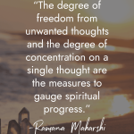 Ramana Maharshi quote "The degree of freedom from unwanted thoughts and the degree of concentration on a single thought are the measures to gauge spiritual progress" displayed over tranquil ocean sunset with quartz crystal points, illustrating the mental clarity that comes with spiritual awakening and consciousness expansion. manifesteveryday.com