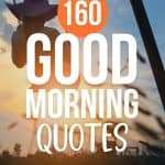 Alt text: Woman in wide-brimmed hat on swing at sunrise with golden light, overlaid with text 160 Good Morning Quotes, orange accents at top and bottom with manifesteveryday.com