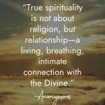 Spiritual good morning quote over sun rays breaking through clouds: "True spirituality is not about religion, but relationship—a living, breathing, intimate connection with the Divine." Anonymous quote manifesteveryday.com