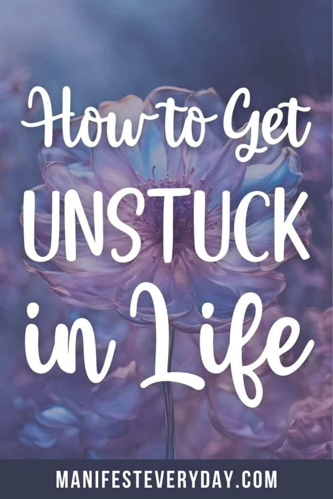 Close-up of delicate purple flower with white text overlay reading How to Get Unstuck in Life representing growth and transformation manifesteveryday.com