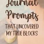 Journal prompts concept image showing a notebook and coconut drink with text Journal Prompts That Uncovered My True Blocks representing self-reflection techniques for personal growth manifesteveryday.com