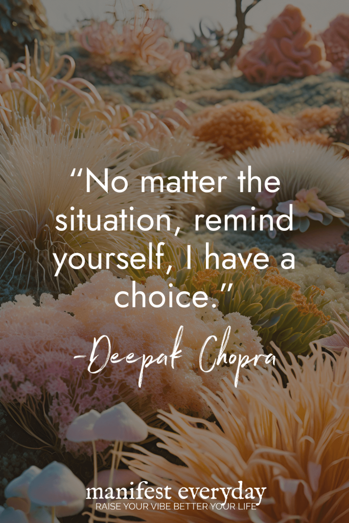 Inspirational quote by Deepak Chopra overlaid on pastel coral and sea anemone image reading No matter the situation, remind yourself, I have a choice manifesteveryday.com RAISE YOUR VIBE BETTER YOUR LIFE