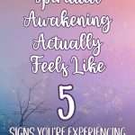 Purple and blue gradient background with a bare tree silhouette showing What Spiritual Awakening Actually Feels Like with 5 Signs You're Experiencing a Spiritual Shift text in white handwritten font. manifesteveryday.com