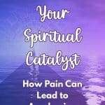 Mystical purple blue ocean scene with moon and geometric patterns displaying Trauma As Your Spiritual Catalyst text and How Pain Can Lead to Awakening subheading in white script font. manifesteveryday.com