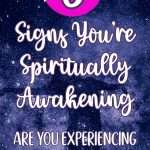 Deep blue night sky with stars and silhouette of female figure with outstretched hands looking up showing 5 Signs You're Spiritually Awakening text in white script with pink circle highlight and Are You Experiencing These Changes subheading. manifesteveryday.com