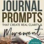 Journal with candle and stones showing text "65 Psychology-Based Journal Prompts That Create Real Clarity & Movement" with call-to-action. manifesteveryday.com