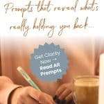 Woman writing in journal with coffee beside her. Text reads: "65 Questions I Asked Myself When I Felt Stuck" with call-to-action "Get Clarity Now → Read All Prompts". manifesteveryday.com