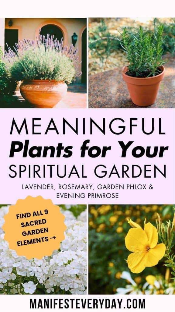 Four-photo grid showing lavender, rosemary, garden phlox, and evening primrose with text "Meaningful Plants for Your Spiritual Garden" and orange call-to-action. manifesteveryday.com