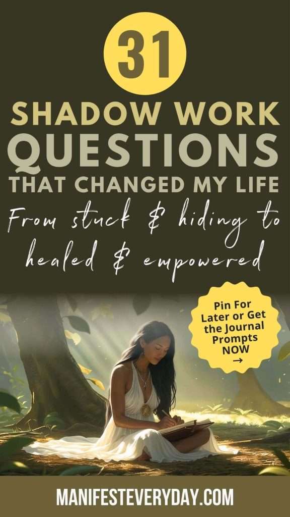 31 shadow work questions for transformation with woman journaling in golden sunlight from stuck to healed manifesteveryday.com
