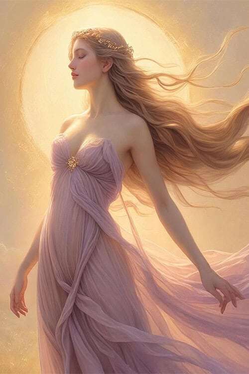 Woman with flowing hair in ethereal dress representing divine feminine energy and spiritual awakening manifesteveryday.com