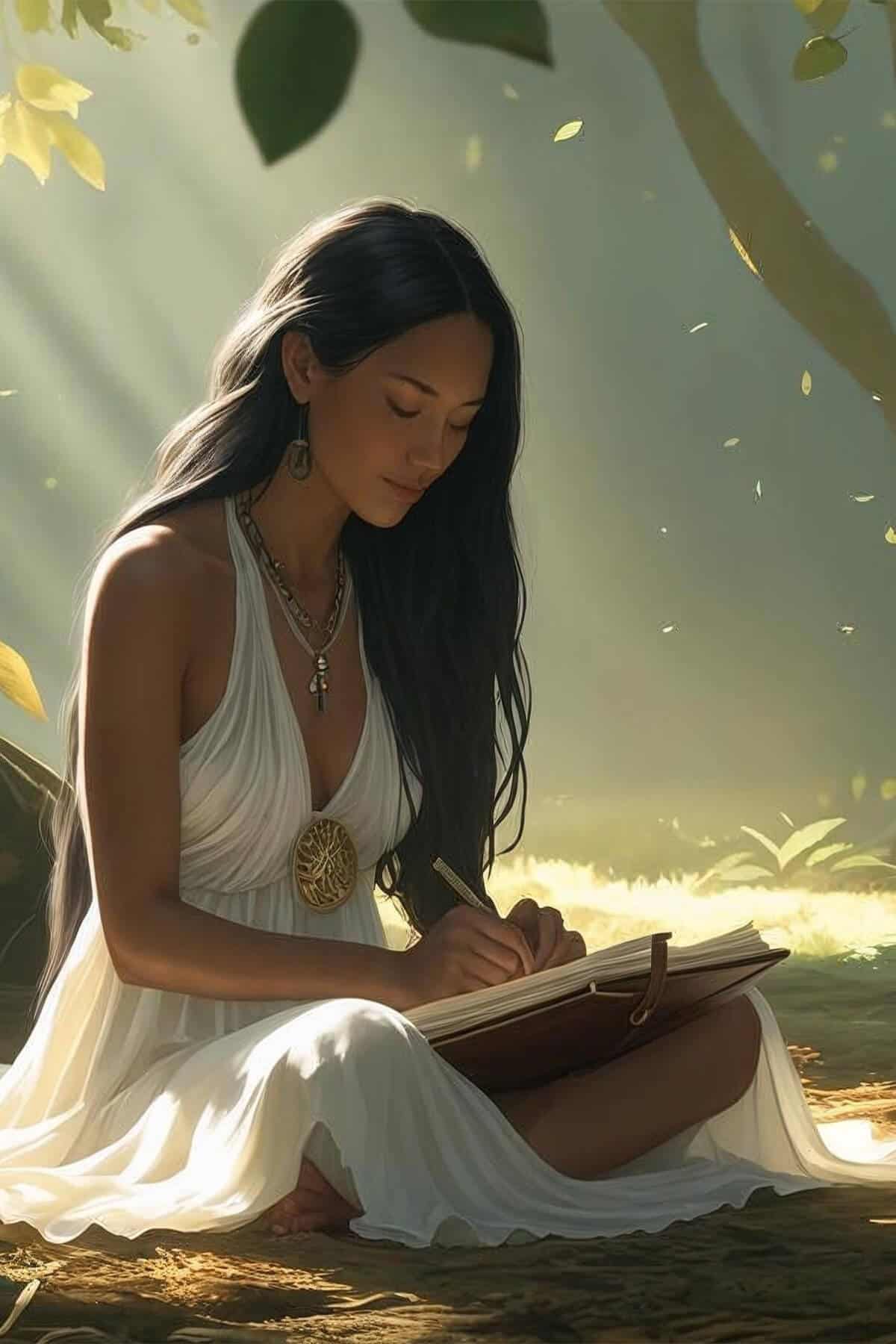 Woman in white dress writing shadow work journal prompts under tree with golden sunlight manifesteveryday.com