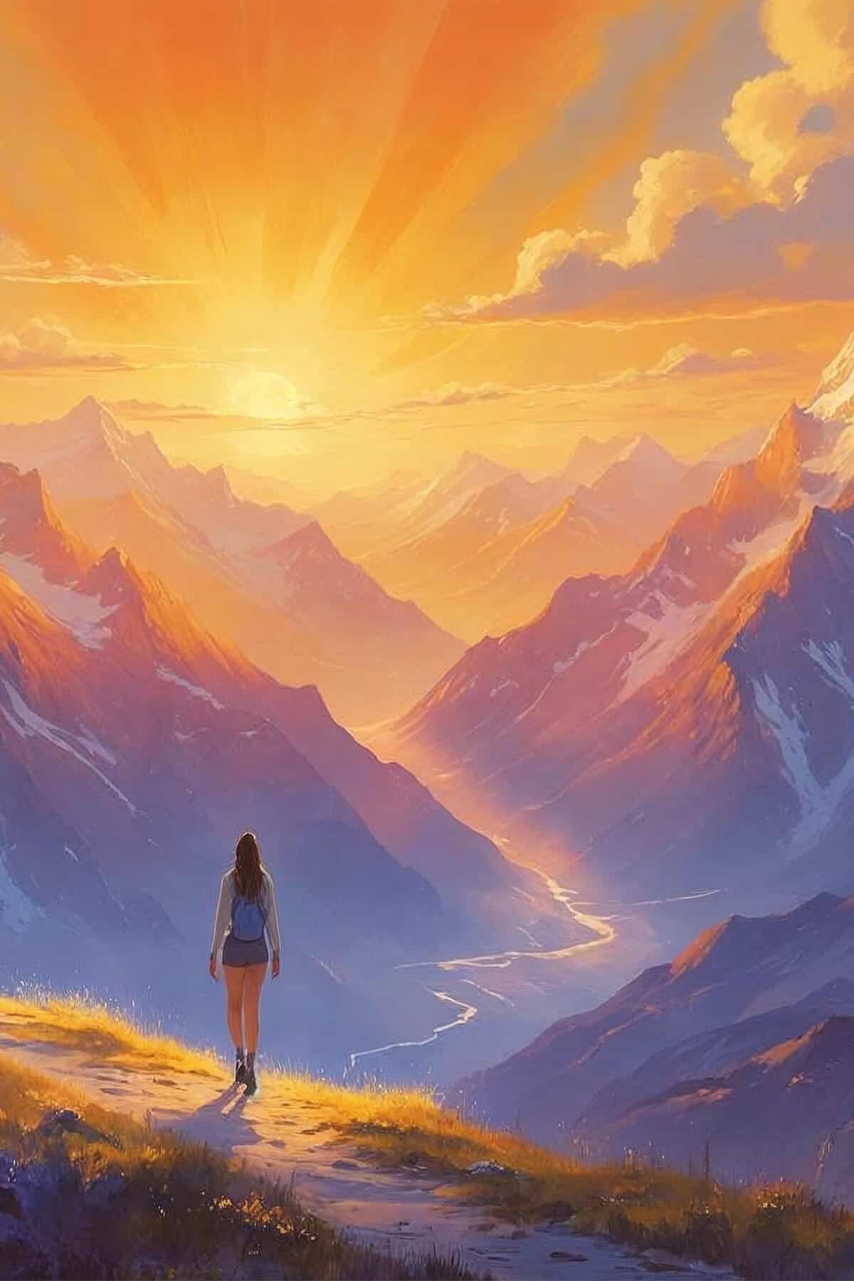 A woman walking in the mountains at sunset.