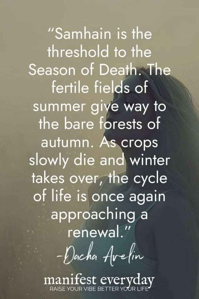 Sahain meditation quote about cycles of death and renewal, emphasizing connection with nature and life's seasons.