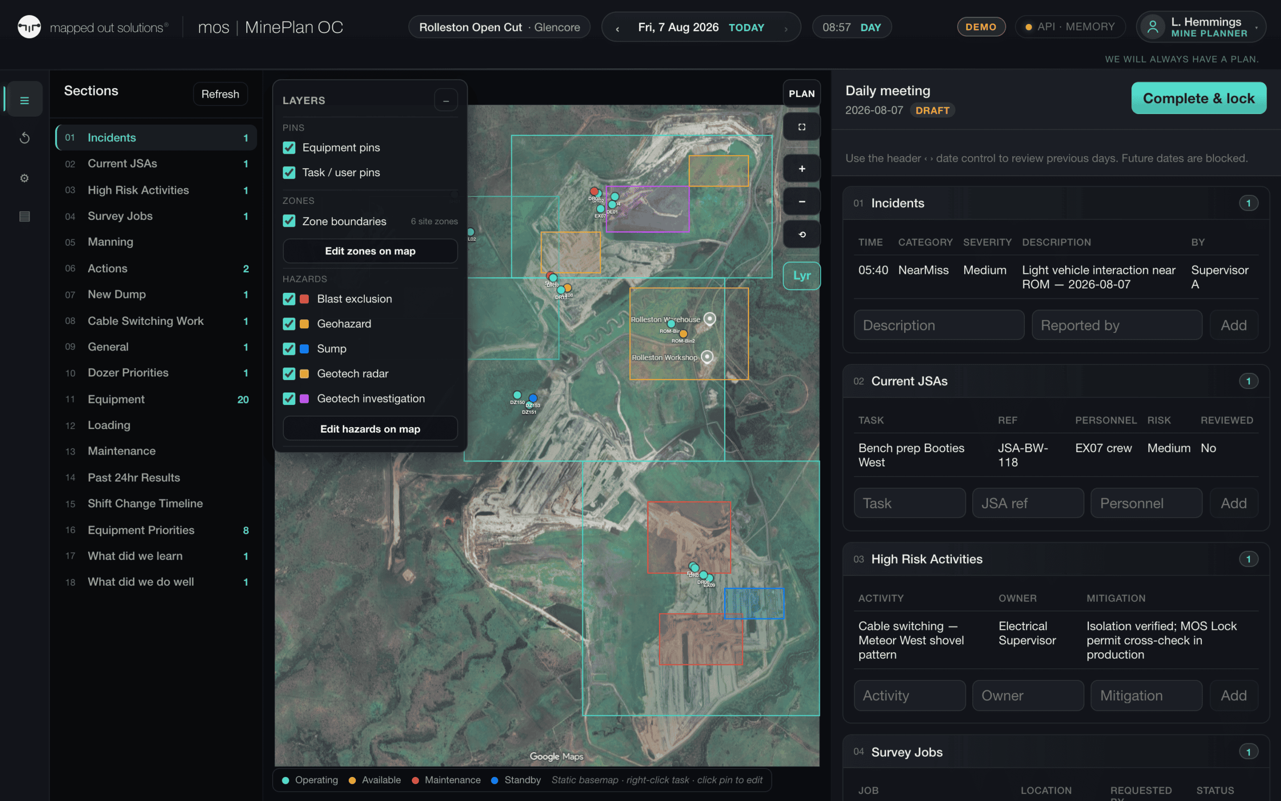 Digital Solutions - The MinePlan OC morning planning screen