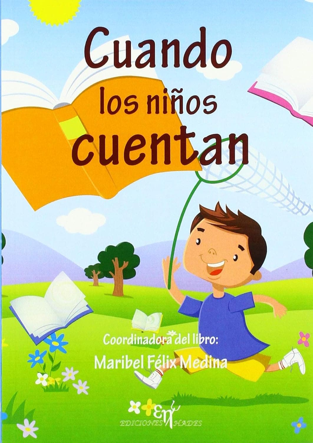 Niños leyendo en el parque, libro infantil titulado "Cuando los niños cuentan" por Maribel Félix Medina.