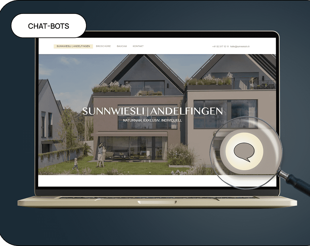 Ein Laptop-Bildschirm mit einer Lupe darauf, auf dem Chatbots für Immobilien zu sehen sind.