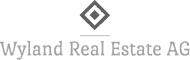 Monochromes Logo der Wyland Real Estate AG, einer Immobilienmarketing-Agentur, mit einer geometrischen Rautenform und Text darunter.