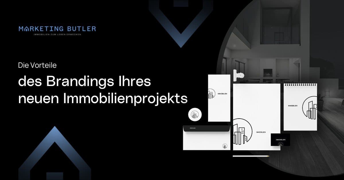 Eine deutsche Anzeige für Immobilien Marketing hebt die Vorteile im Bereich Markenbildung hervor. Verschiedene Schreibwaren mit einem Beispiel-Logo auf dunklem Hintergrund werden präsentiert und zeigen die Professionalität einer Immobilien Marketing Agentur.