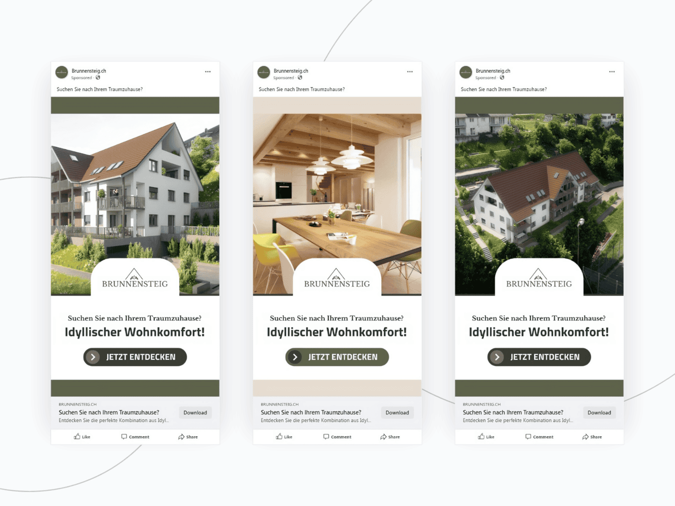 Drei Werbebilder für die Portfolio-Neugestaltung, die verschiedene Aspekte einer Wohnimmobilie zeigen: Aussenansicht, Essbereich im Inneren und Luftaufnahme der Immobilie.