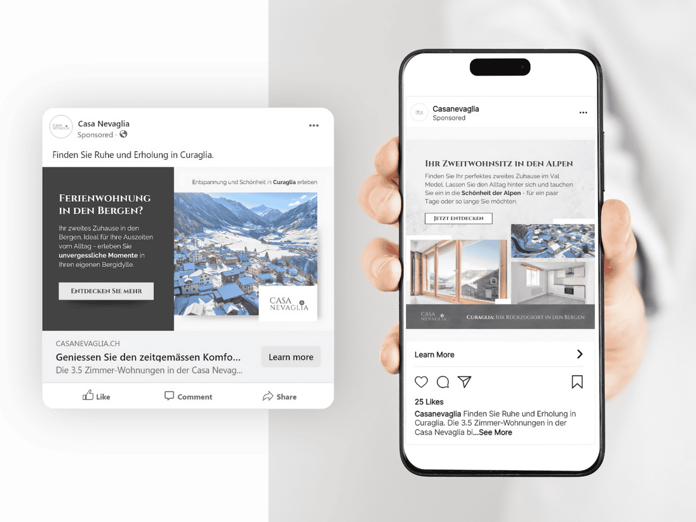 A hand holding a smartphone displaying a property rental app with listings for holiday accommodations in a snowy mountainous region.