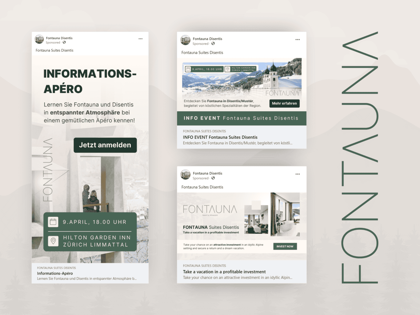 Mock-up of a promotional website for "fontarium suentis" featuring event details and images of a sophisticated interior space.