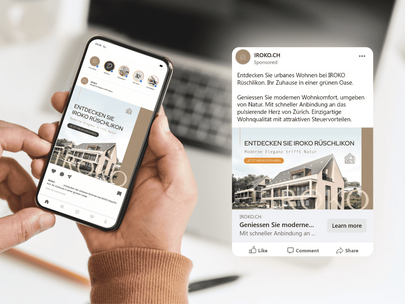 Eine Person durchsucht Immobilienangebote auf einem Smartphone und sieht auf dem Bildschirm die Neugestaltung ihres Portfolios für moderne Wohnungen.