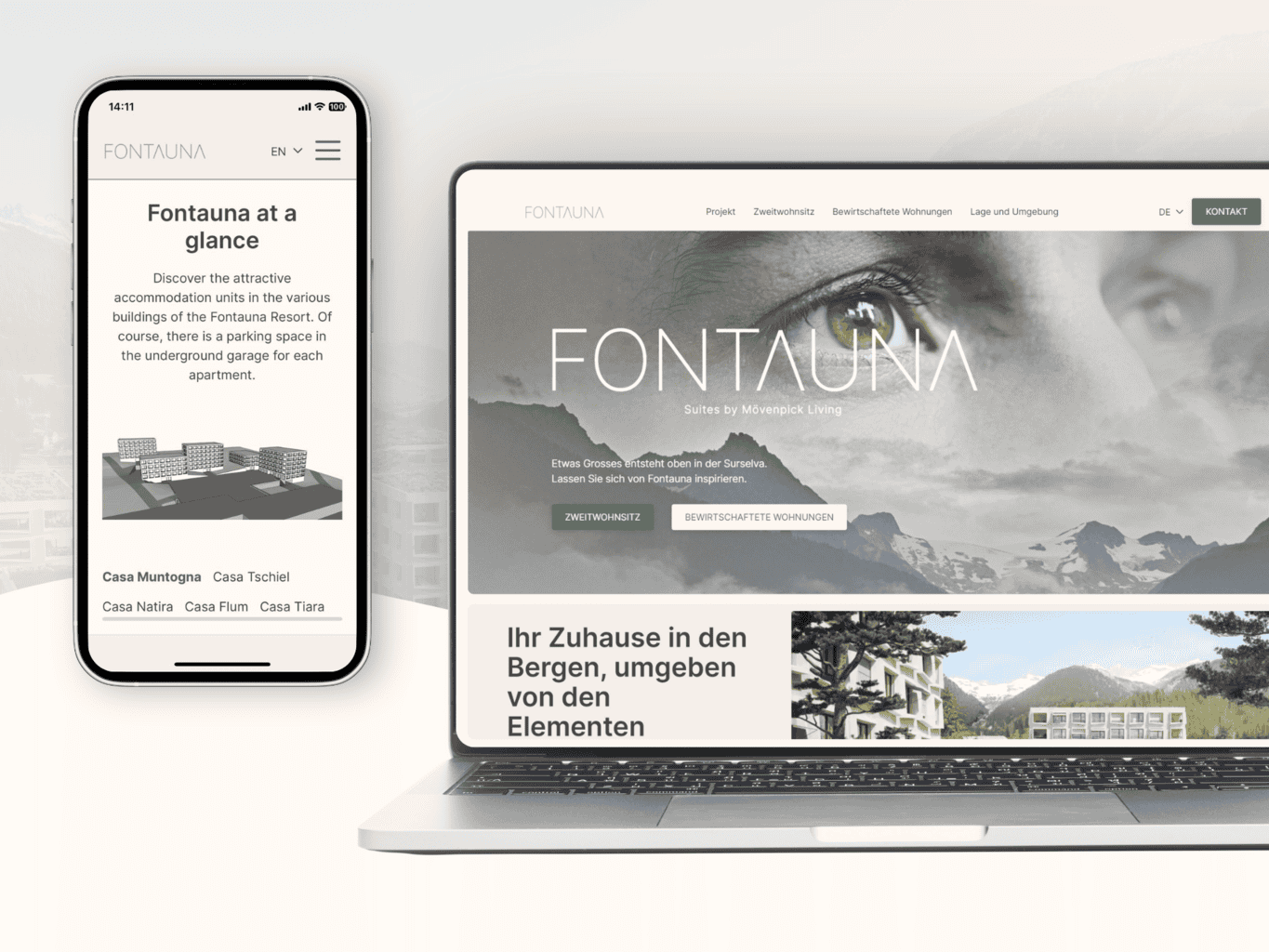 Ein Smartphone und ein Laptop, auf denen eine Webseite für ein Wohnprojekt namens „Fontauna“ mit Informationen und Bildern der Siedlung und der umgebenden Landschaft angezeigt wird, wodurch die neueste Ergänzung unseres Grafikdesign-Portfolios hervorgehoben wird.