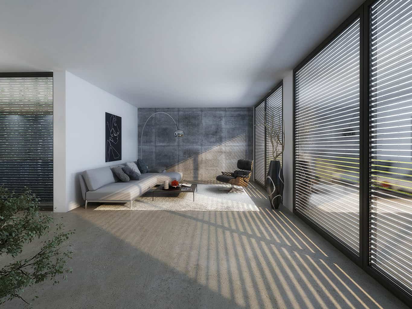 Modernes, minimalistisches Wohnzimmer mit Betonwänden, grossen Fenstern mit Jalousien, einem hellgrauen Sofa und Schattenmustern auf dem Boden, neu gestaltet für eine Portfolio-Aktualisierung.
