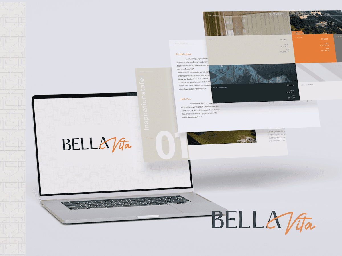 Laptop displaying "bella vita" on screen with overlapping transparent web design pages showcasing architectural images.