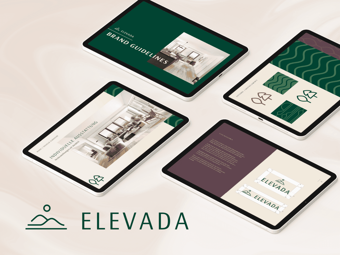 Four digital tablets displaying different pages of "elevada" brand guidelines, arranged diagonally with a logo at the bottom.