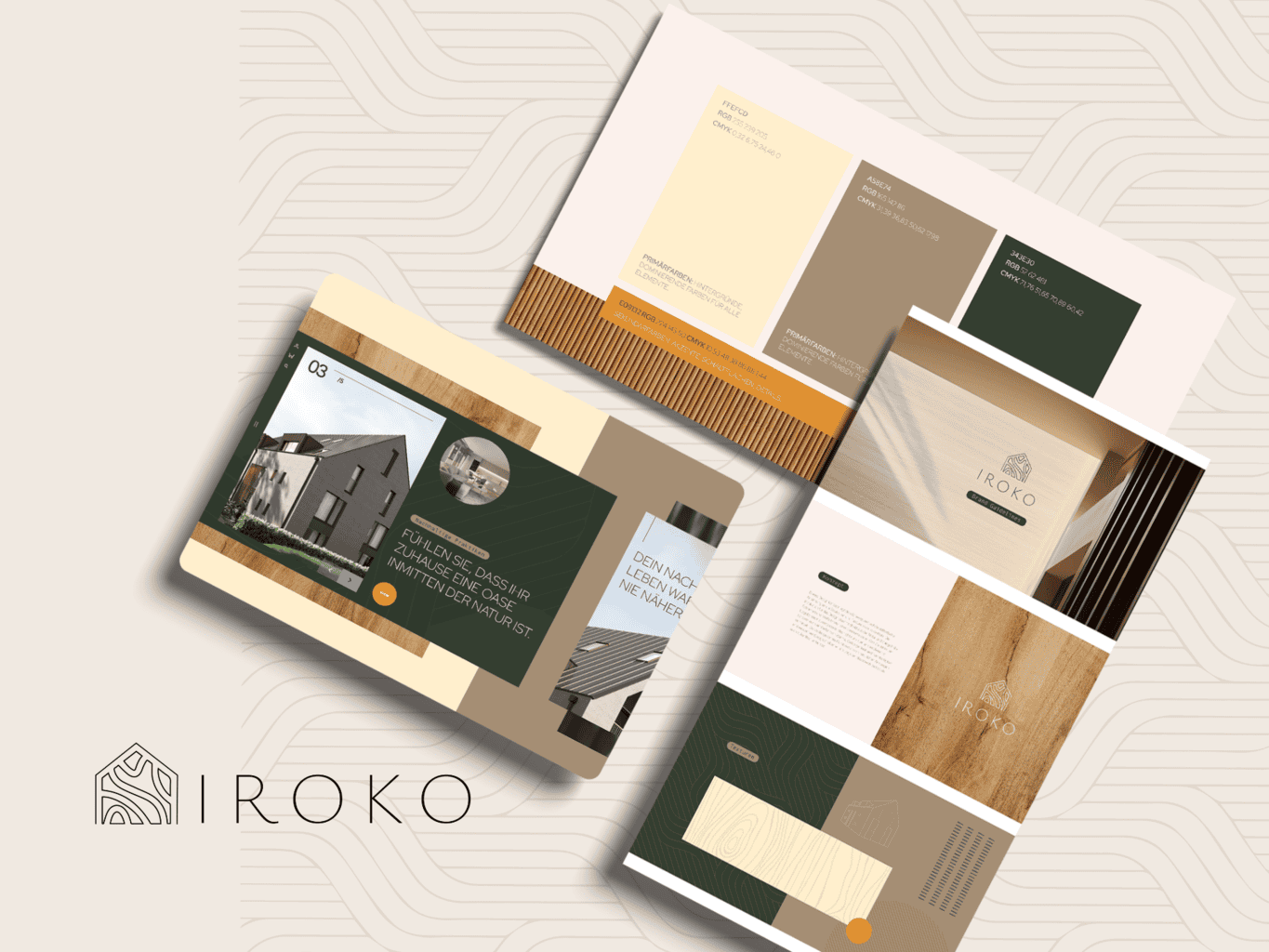Assorted marketing materials for iroko, including brochures, business cards, and letterhead, displayed in a stylized layout on a curved background.
