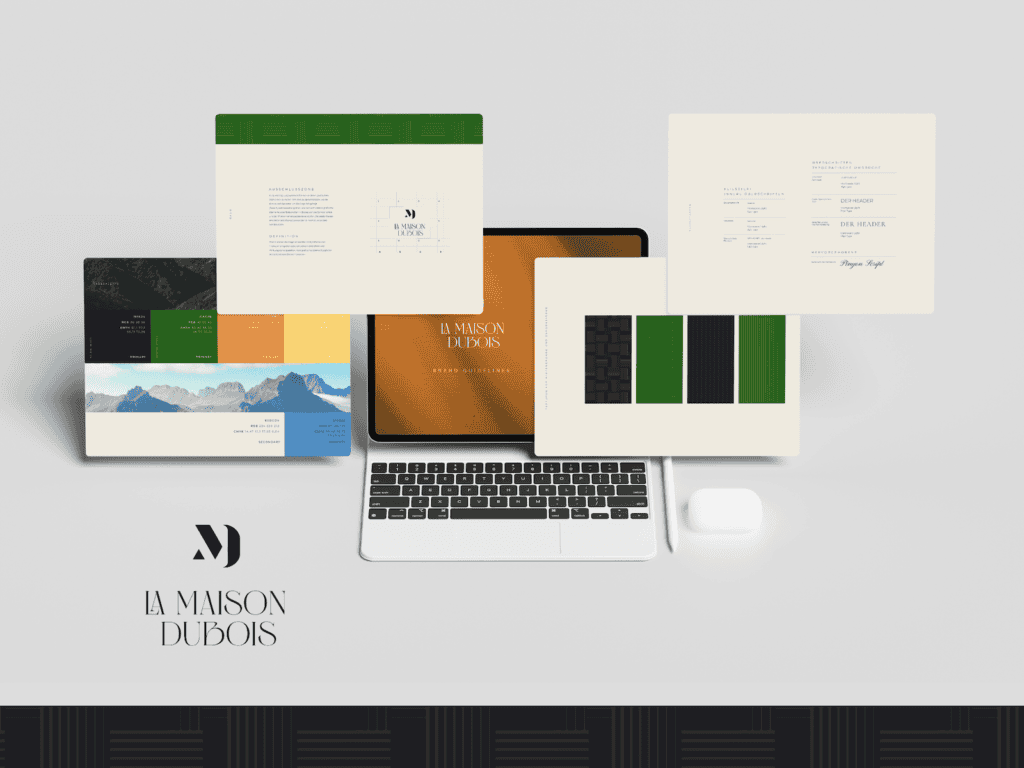 Auf einem Laptop werden verschiedene Designvorlagen in Grün-, Orange- und Cremetönen präsentiert, darunter ein Logo für „La Maison Dubois“, das von einer Immobilienmarketing-Agentur fachmännisch erstellt wurde.