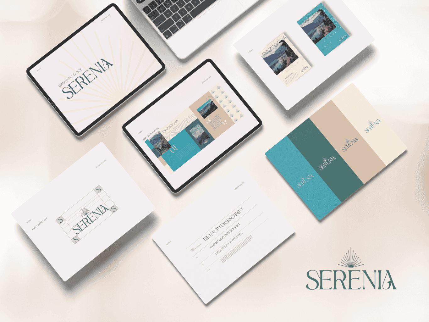 Brand identity materials for "serenia" including logos, business cards, and digital devices displaying website and pamphlet designs on a white surface.