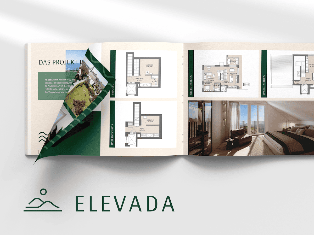 Eine offene Broschüre von Elevada, die im Rahmen einer Portfolio-Neugestaltung Grundrisse, Projektdetails und Innendesigns auf weissem Hintergrund zeigt.