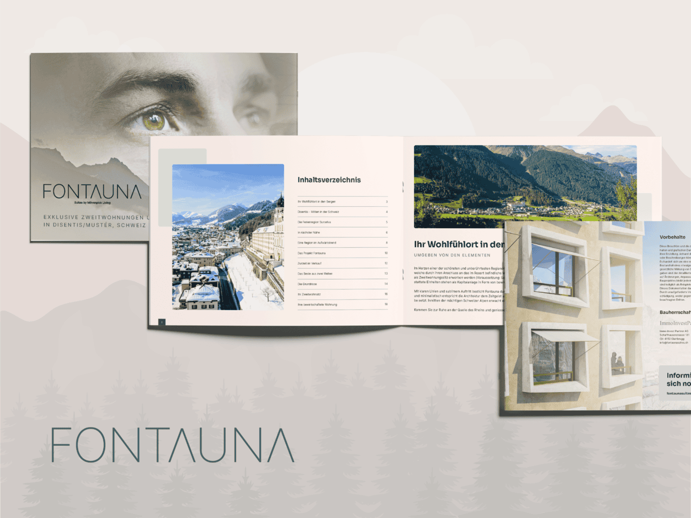 Brochure mockup for "fontauna" featuring close-up of an eye, city views, and apartment interiors, with text in german.