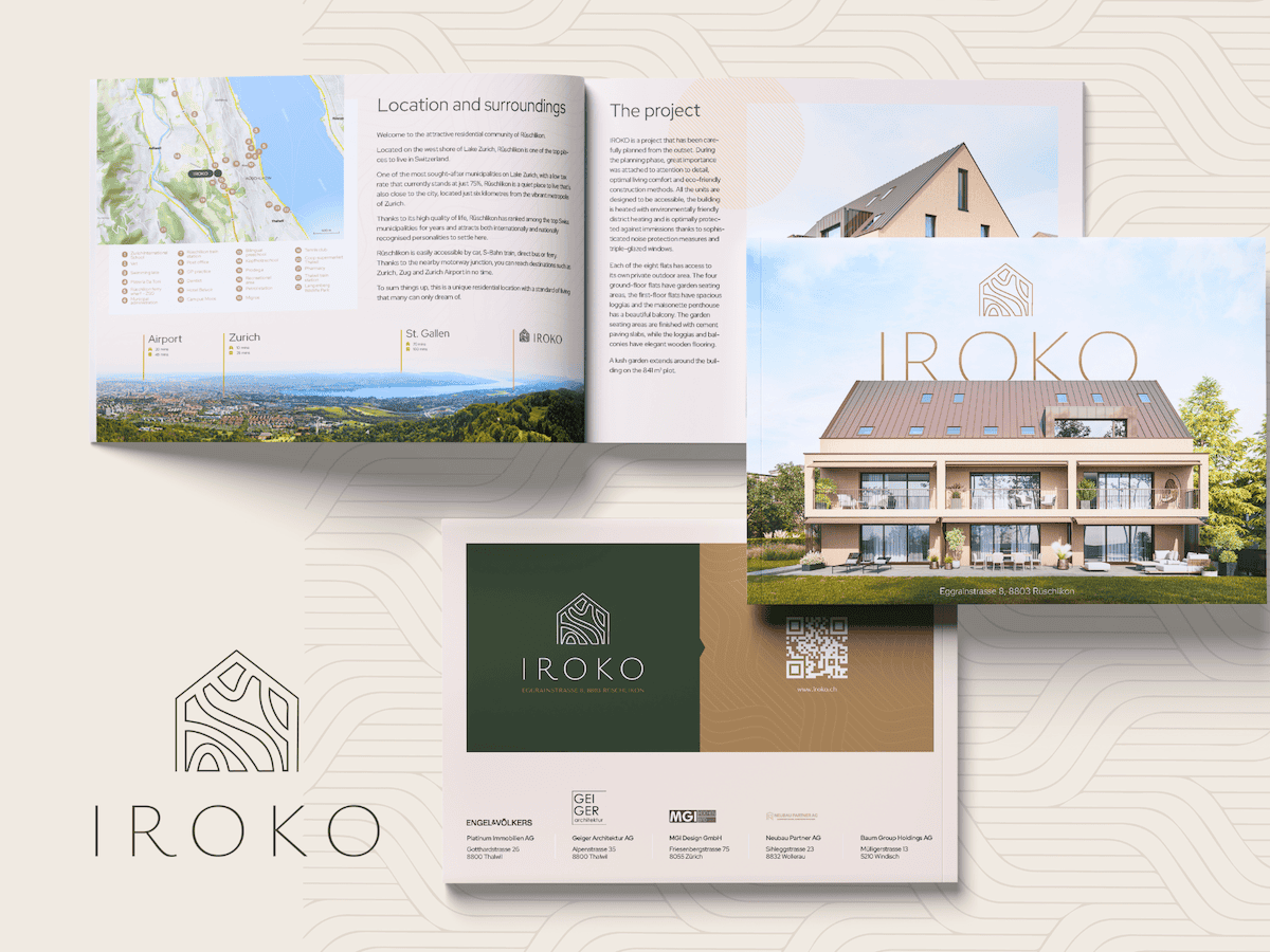 Modell einer Immobilienbroschüre für „Iroko“ mit Aussenaufnahmen eines modernen Gebäudes, Lageplan und QR-Code-Kontaktdaten als Teil einer Portfolio-Neugestaltung.
