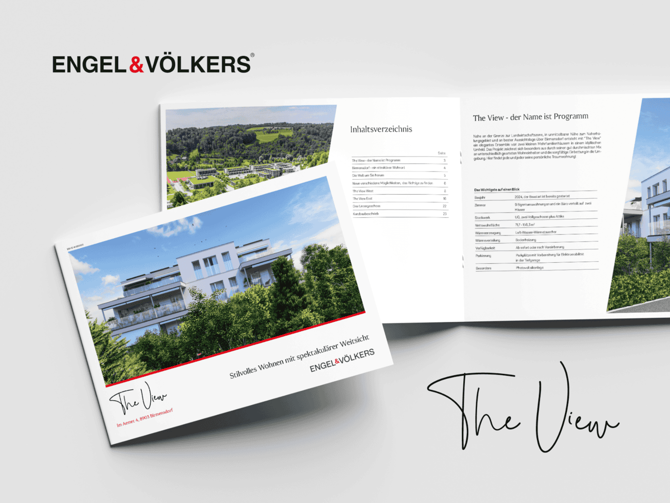 Broschüren von Engel & Völkers für ein Immobilienprojekt namens „The View“ mit einem neu gestalteten Portfolio, Inhaltsseiten und üppigen Landschaften.