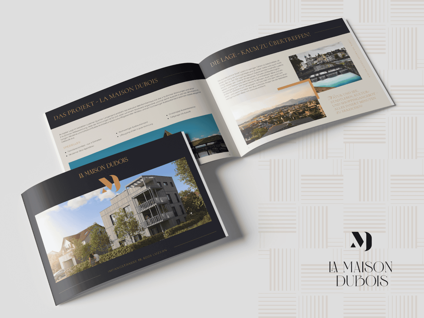 Offenes Portfolio zur Präsentation des Projekts „La Maison Dubois“ mit Architekturbildern und Designplänen auf einer strukturierten Oberfläche.