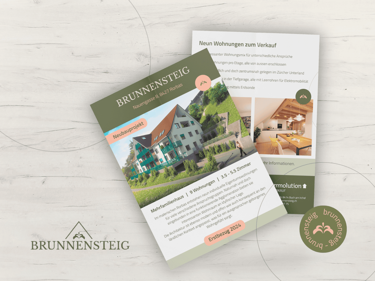 Immobilienbroschüre für "brunnensteig" mit dem Titel "neun wohnungen zum verkauf", mit Objektfotos, Grundrissen und Kontaktdaten im Rahmen einer Portfolioaktualisierung,