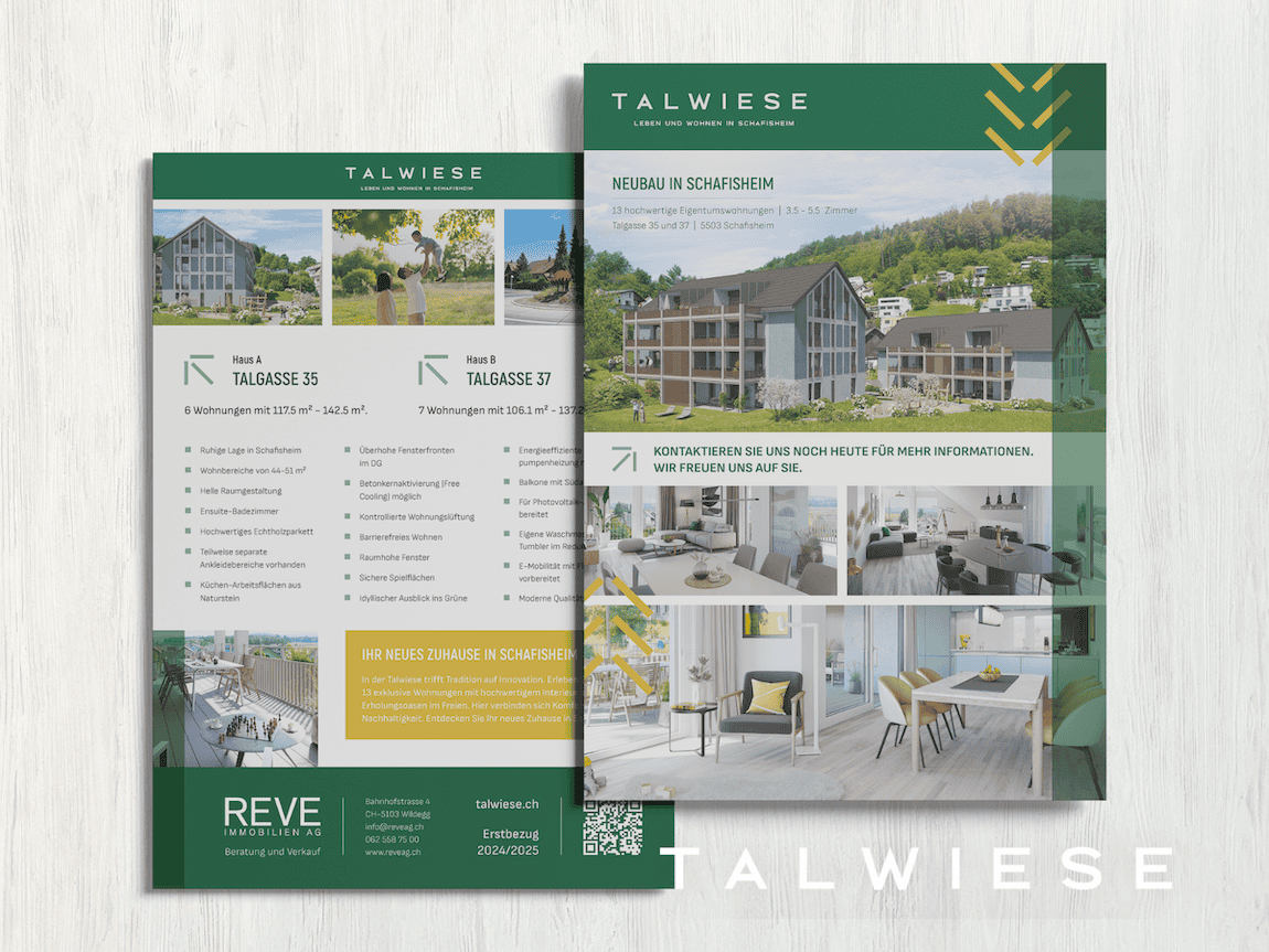 Zweiseitige Anzeige für Talwiese Immobilien mit Bildern von Häusern, Innenarchitektur und malerischen Aussichten sowie Details zur SEO-Optimierung, Kontaktinformationen und Logos.