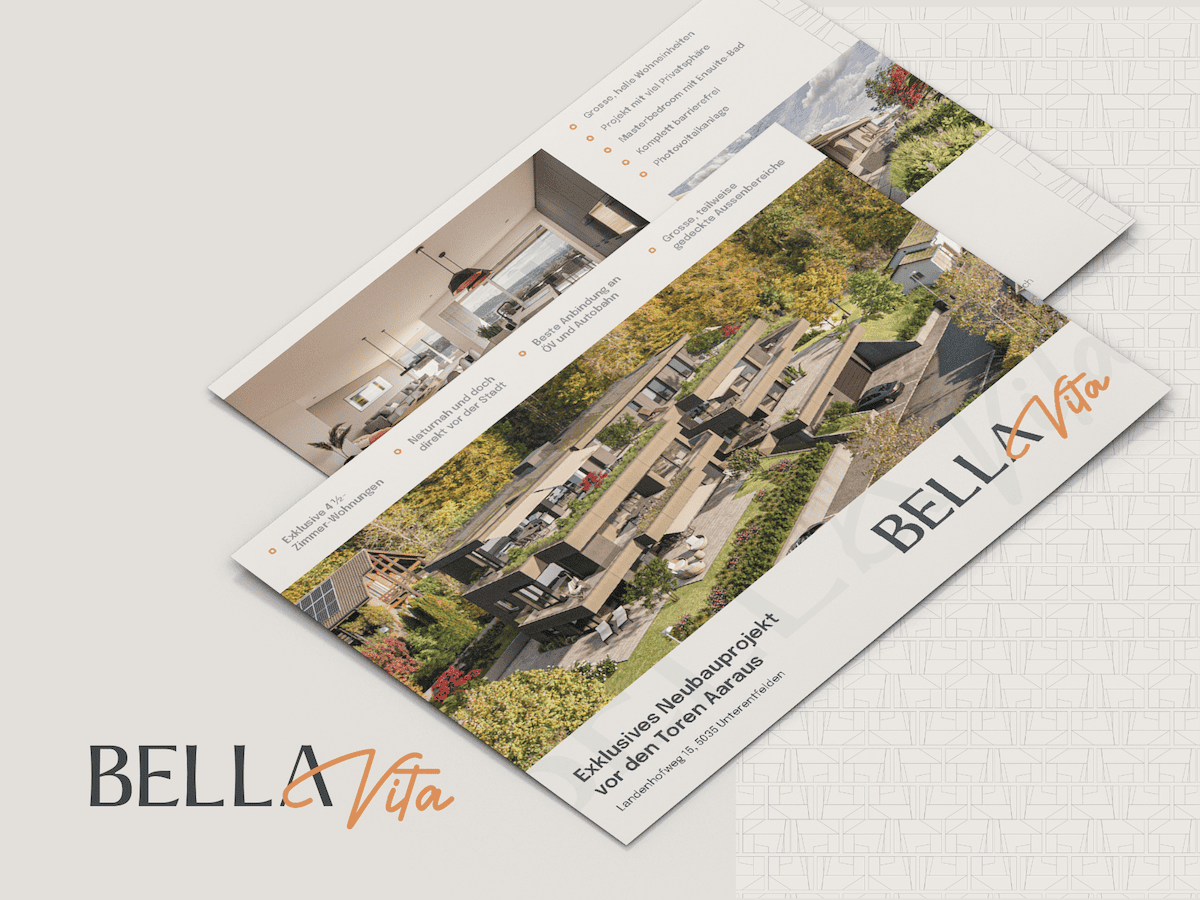 Broschüre für Bella Vita mit Innen- und Aussenansichten moderner Häuser, mit einem Update des Designportfolios, Haupttitel und angezeigten Kontaktinformationen.
